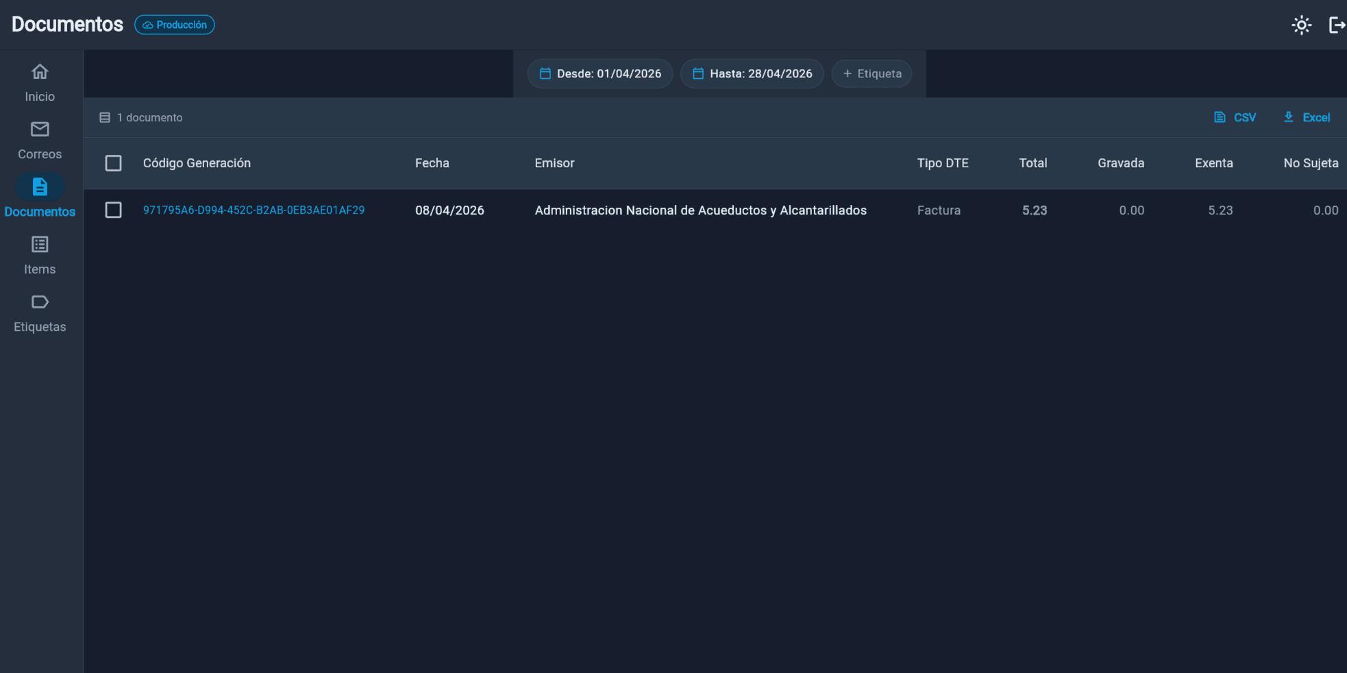Vista de documentos DTE recibidos con filtro por fechas y exportación CSV