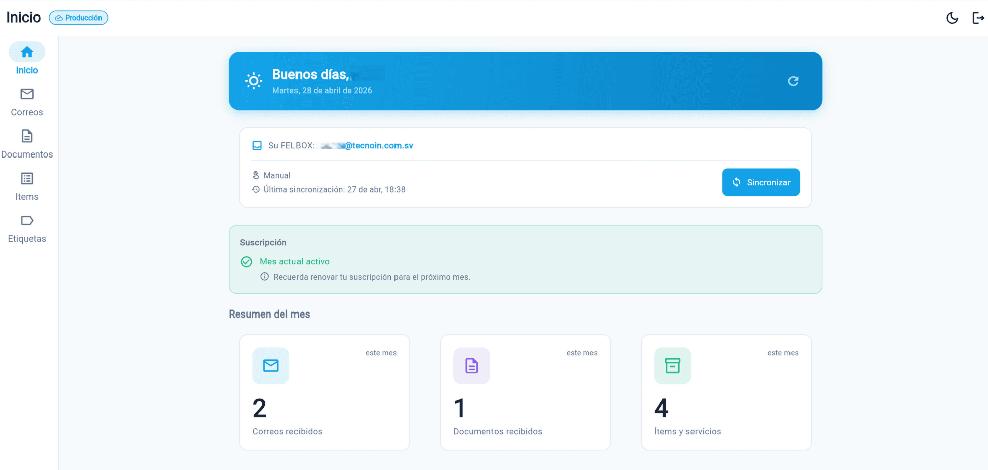 Dashboard FEL-BOX - Vista de inicio con resumen mensual