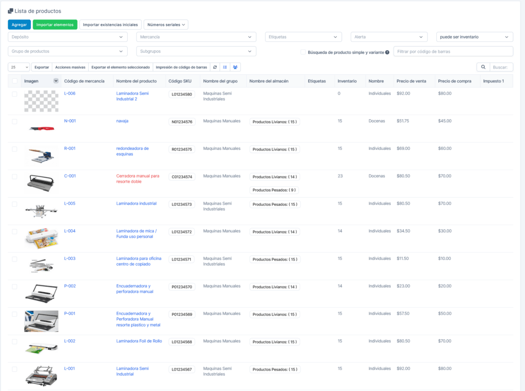 Lista de productos del Módulo de Inventario