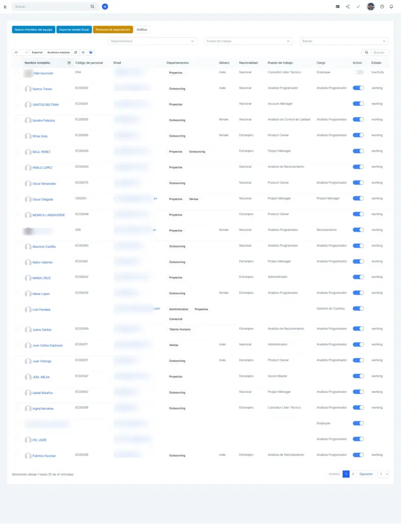 Pantalla de registros de Recursos Humanos