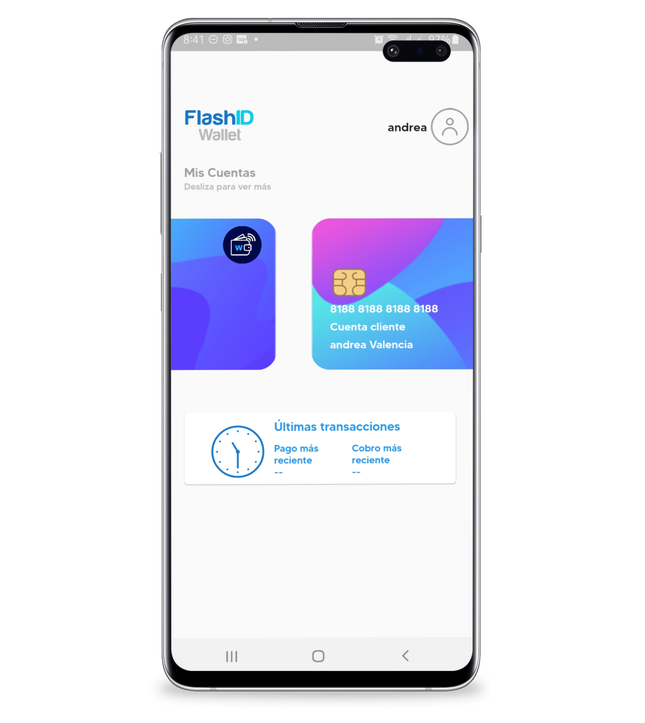 Pantalla de transacciones en FlashID Wallet
