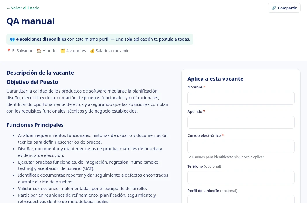 Detalle de una vacante con formulario de aplicación sin crear cuenta