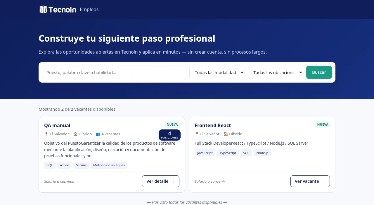 Sitio público de bolsa de empleo con buscador y tarjetas de vacantes